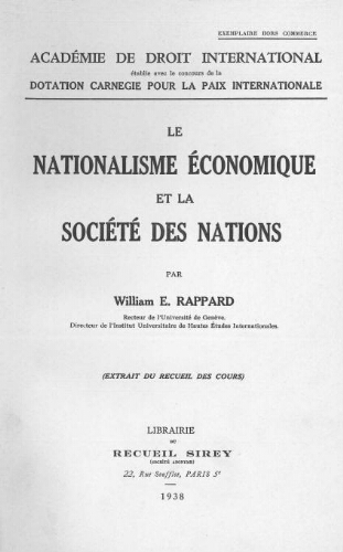 Le Nationalisme économique et la Société des Nations