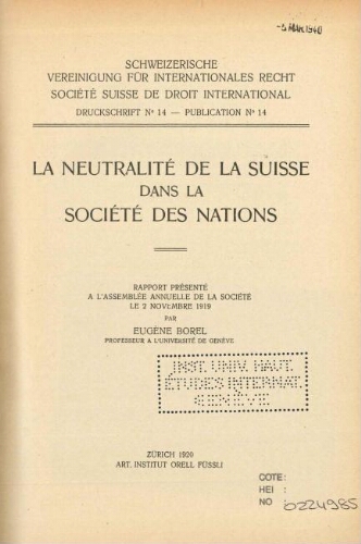 Neutralité de la Suisse dans la Société des Nations
