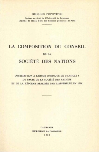 La Composition du Conseil de la Société des Nations